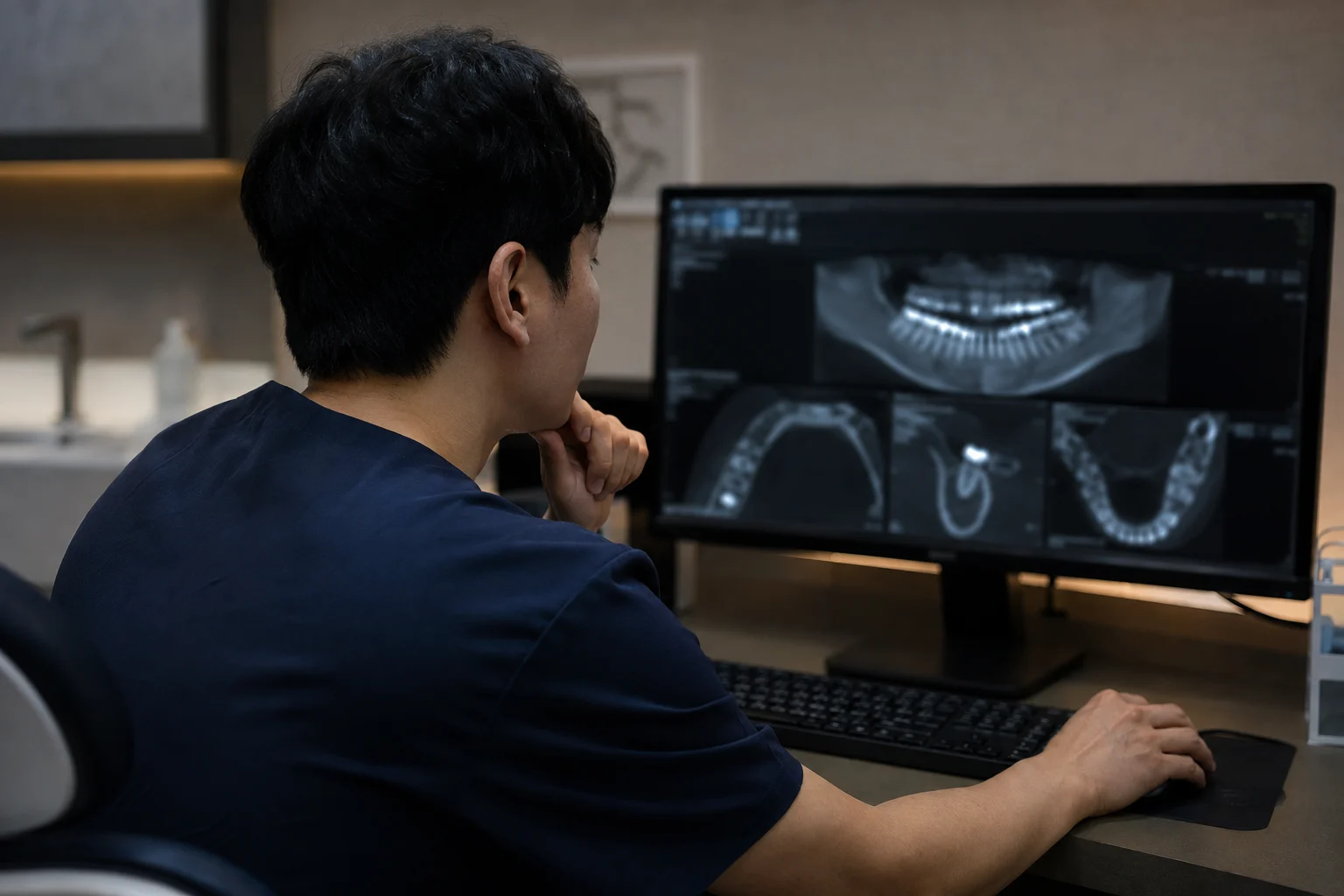 잇몸뼈 상태를 CT로 확인하는 치과 진료 장면