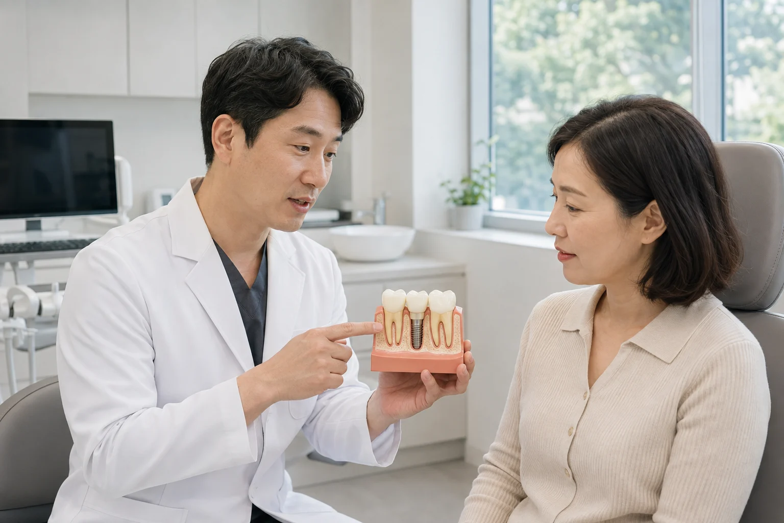 임플란트 수술 후 냉찜질로 통증을 관리하는 장면